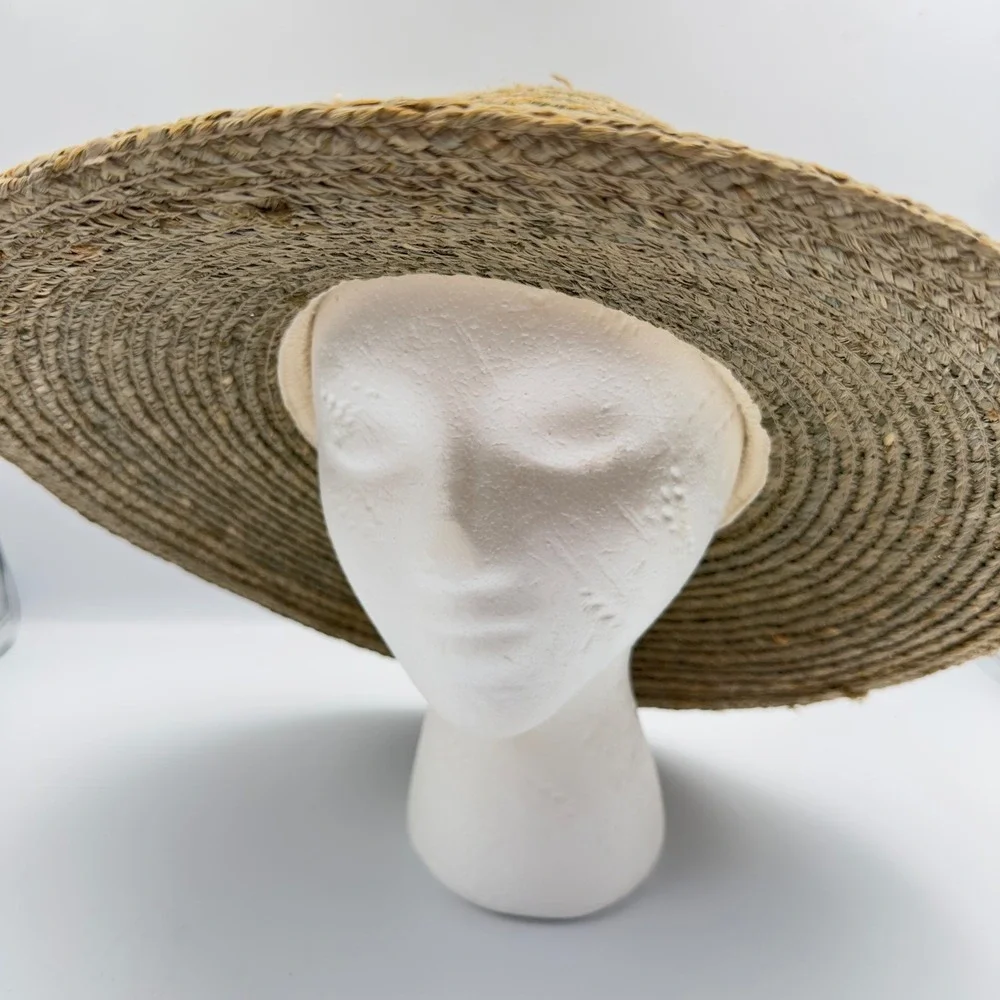 Scala Collection Straw Sun Hat Tan Wide Brim Palm Tree Embroidered Band Coastal
